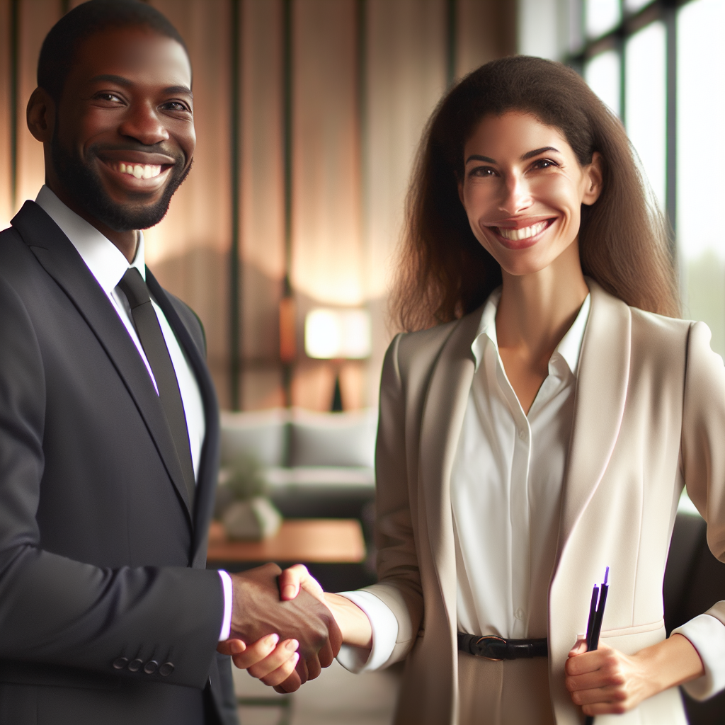 Mulher e homem africanos a dar um aperto de mão e a sorrirem.
